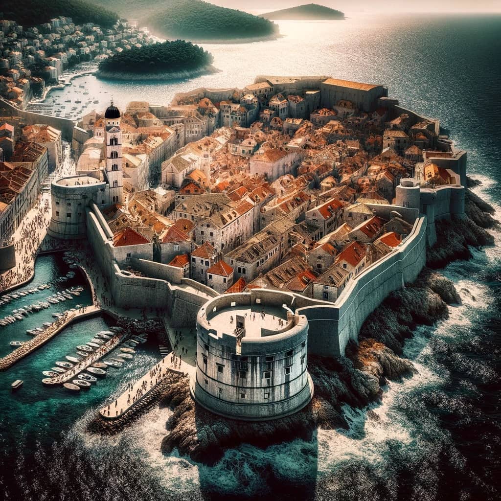 Envision the historic city of Dubrovnik, Croatia, encircled by its imposing medieval walls that stretch along the Adriatic Sea. The view from above re