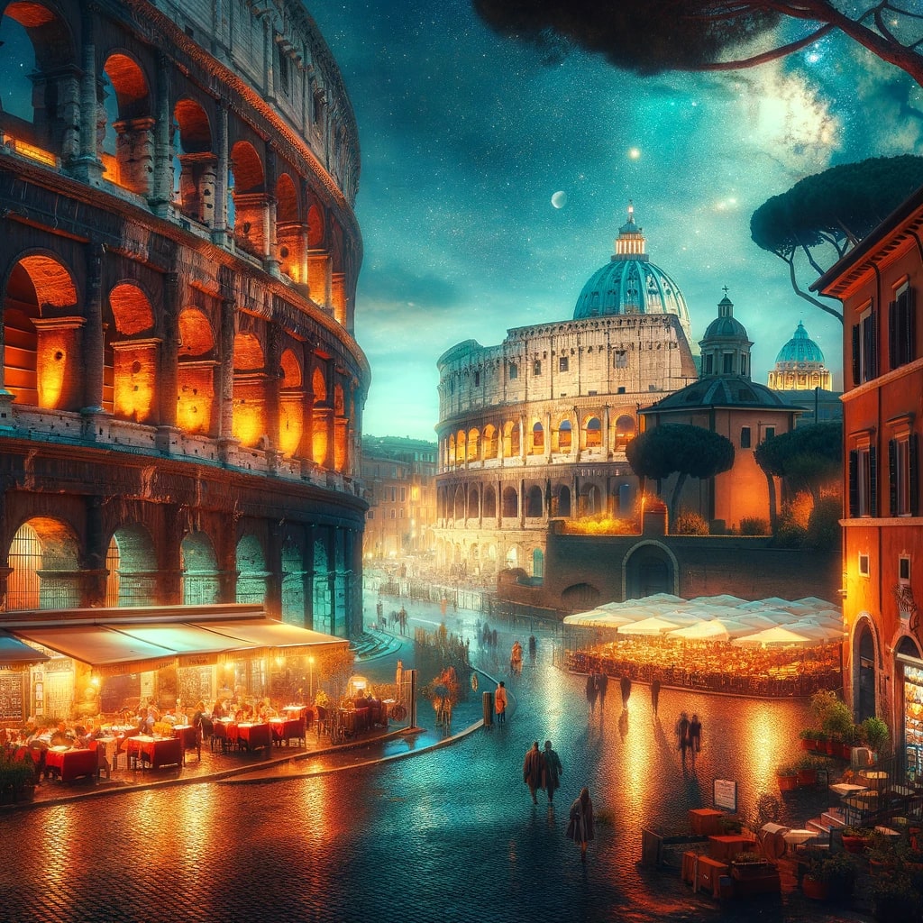 Imagine the enchanting city of Rome at twilight, where the ancient Colosseum stands majestic against the dusky sky. Nearby, the ethereal glow of St. P