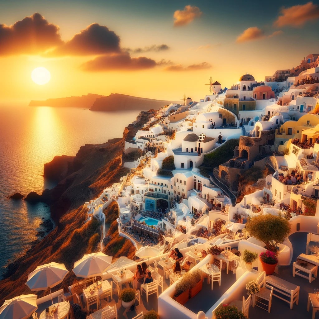 Imagine the idyllic island of Santorini, Greece, with its iconic whitewashed buildings cascading down the seaside cliffs towards the azure Aegean Sea