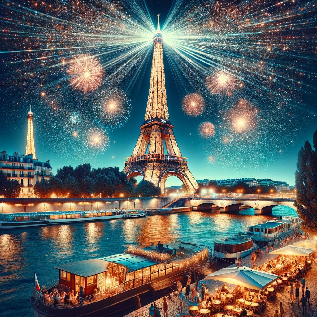 Visualize Paris, the City of Light, during a magical evening when the Eiffel Tower sparkles brilliantly over the Seine River. The scene is vibrant wit