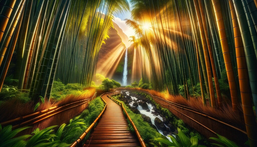 beautiful wide-angle view of the famous bamboo forest trail leading to Waimoku Falls in Haleakala National Park, Maui, Hawaii