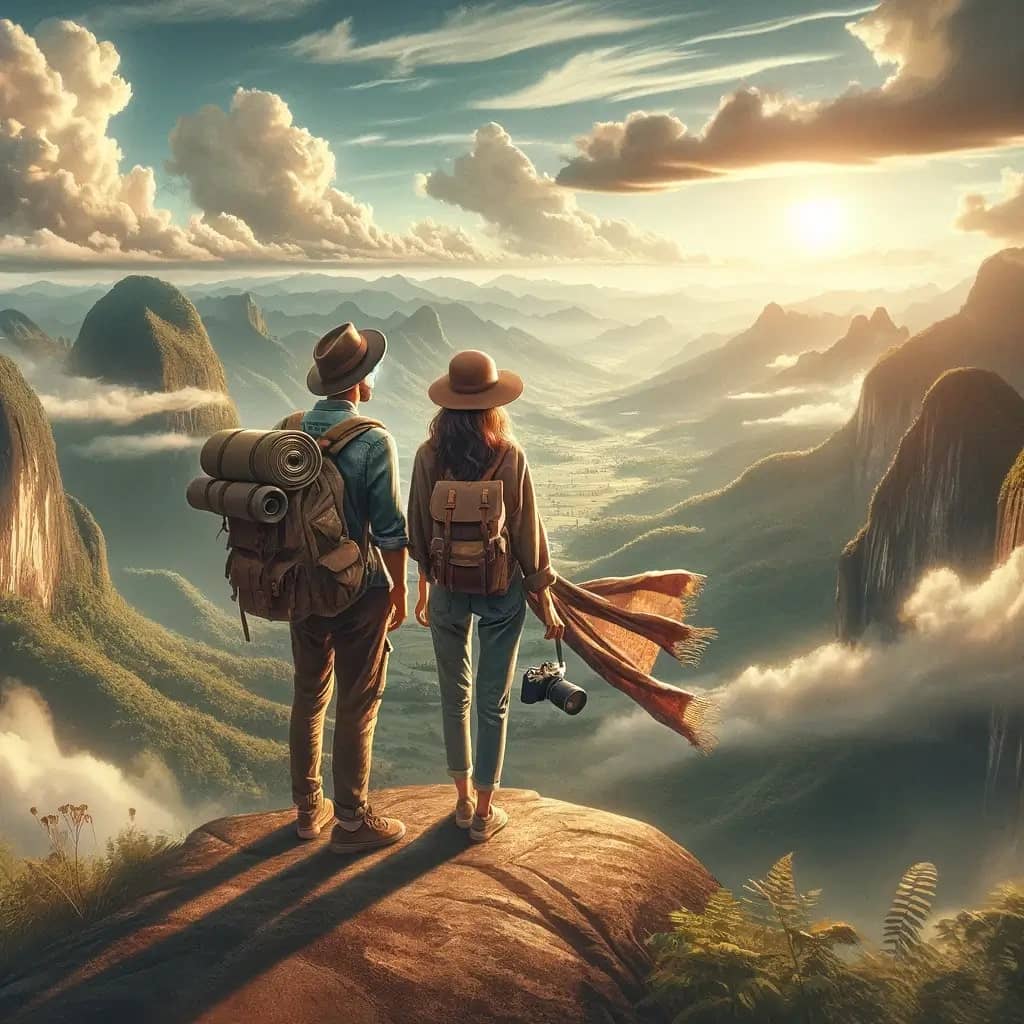 traveling couple, standing together with their backs to the viewer, looking out over a breathtaking landscape